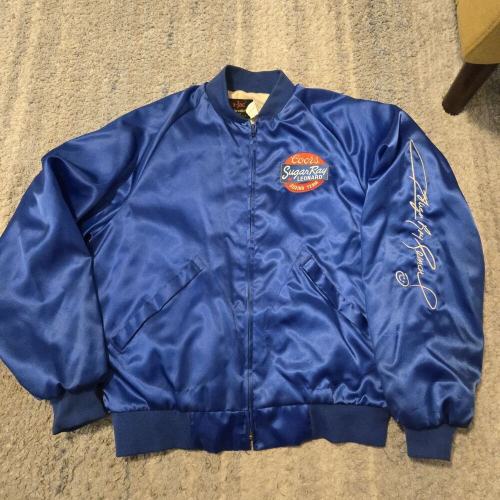 Vintage 80s Coors Sugar Ray Leonard Blue Satin Jacket Made in USA